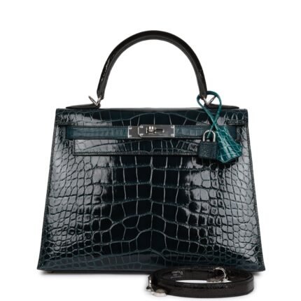 Hermès Kelly Sellier 28 Tri-color Black. Vert Rousseau and Vert Bosphore Shiny and Matte Alligator Palladium Hardware (HANDMADE)