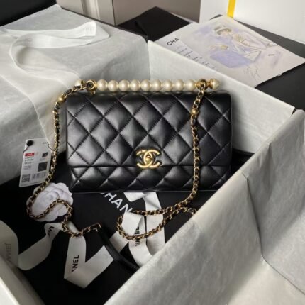 Chanel AS4997 Flap Bag with top Handle Shiny Lambskin Imitation Pearls & Gold-Tone Metal Black