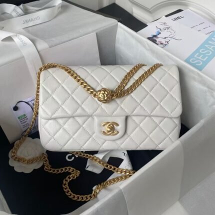 Chanel 23S AS4064 Camellia Embossed Chain Lambskin Flap Bag White