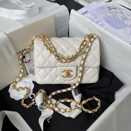 Chanel AS4385 Mini Flap Bag Pearl Lambskin Faux Pearl & Gold Metal White