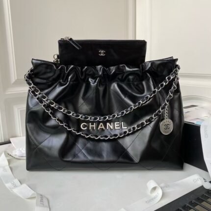 Chanel 22 Hobo Bag 24C AS4486 Silver Metallic Black Shiny Calfskin New Edition Horizontal