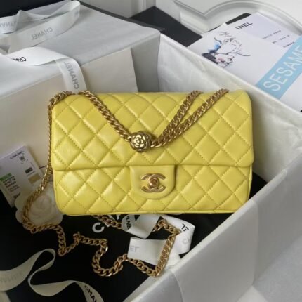 Chanel 23S AS4064 Camellia Embossed Chain Lambskin Flap Bag Yellow
