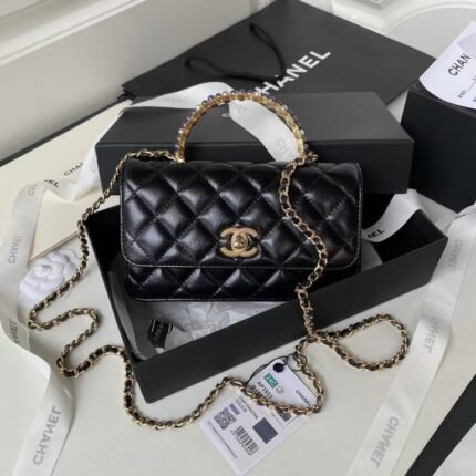 Chanel 24P AP3803 Shiny Crinkled Lambskin Chain Clutch Pearl Handle Black