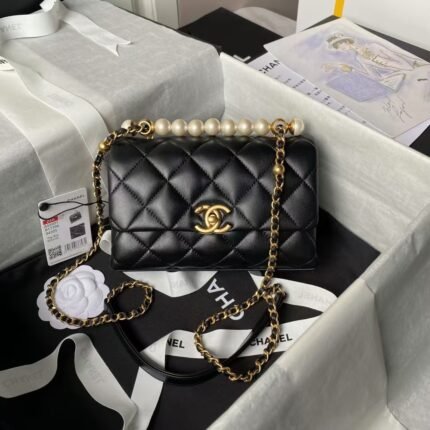 Chanel AS5001 Mini Flap Bag Top Handle Shiny Lambskin Imitation Pearl & Gold Metal Black