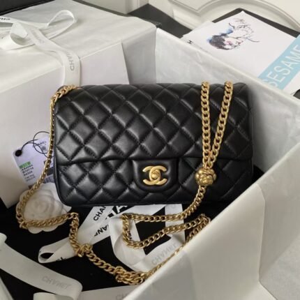 Chanel 23S AS4064 Camellia Embossed Chain Lambskin Flap Bag Black