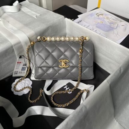 Chanel AS5001 Mini Flap Bag Top Handle Shiny Lambskin Imitation Pearl & Gold Metallic Grey