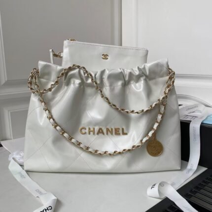 Chanel 22 Hobo Bag 24C AS4486 Gold Metallic White Shiny Calfskin New Edition Horizontal
