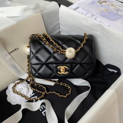 Chanel AS4868 Mini Flap Bag Pearl Lambskin Faux Pearl & Gold Metal Black