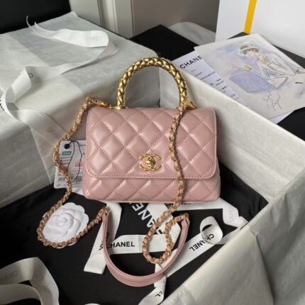 Chanel AS2215 Mini Flap Bag With Metal Top Handle Shiny Calfskin Pink