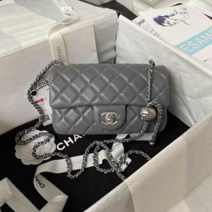 Chanel 23K AS1787 Mini Pearl Embossed Rectangular Flap Bag Lambskin Brushed Silver Metal Hardware Dark Grey
