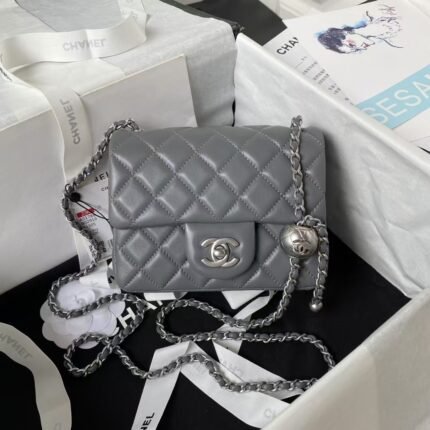 Chanel 23C AS1786 Mini Square Pearl Embossed Flap Bag Antique Silver Hardware Dark Grey