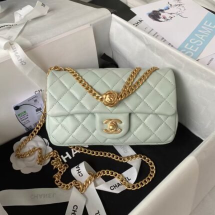 Chanel 23S AS4041 Mini Camellia Embossed Rectangular Flap Bag Antique Gold Hardware Light Green